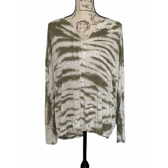 New Maronie Split Back Raw Edge Tie Dye Lightweight Sweater Olive White Large - Picture 1 of 10